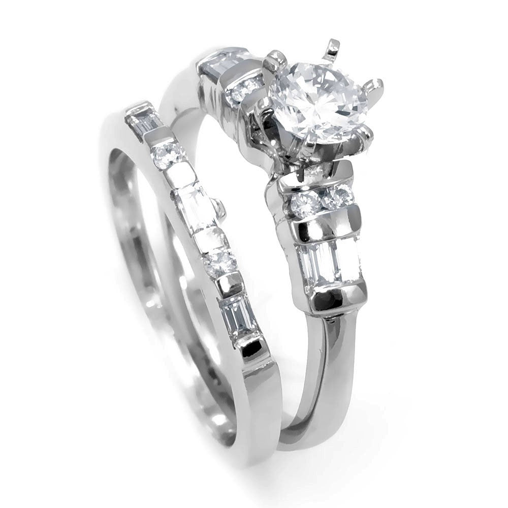 Baguette and Round Diamond Ring and Band in 14K White Gold