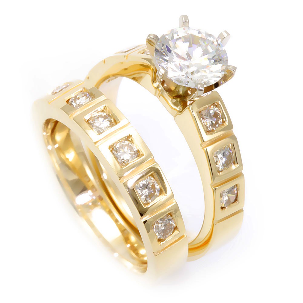 14K Yellow Gold Matching Ring and Band with Round Diamonds