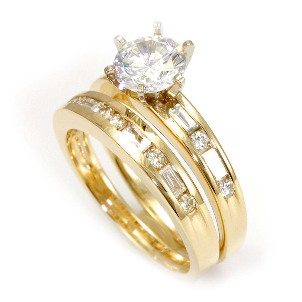 Baguette and Round Diamond Ring and Band in 14K Yellow Gold