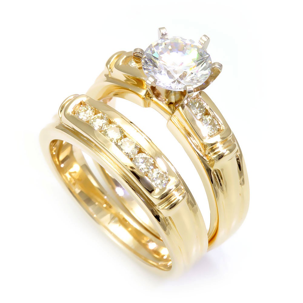 14K Yellow Gold Matching Ring and Band with Round Diamonds