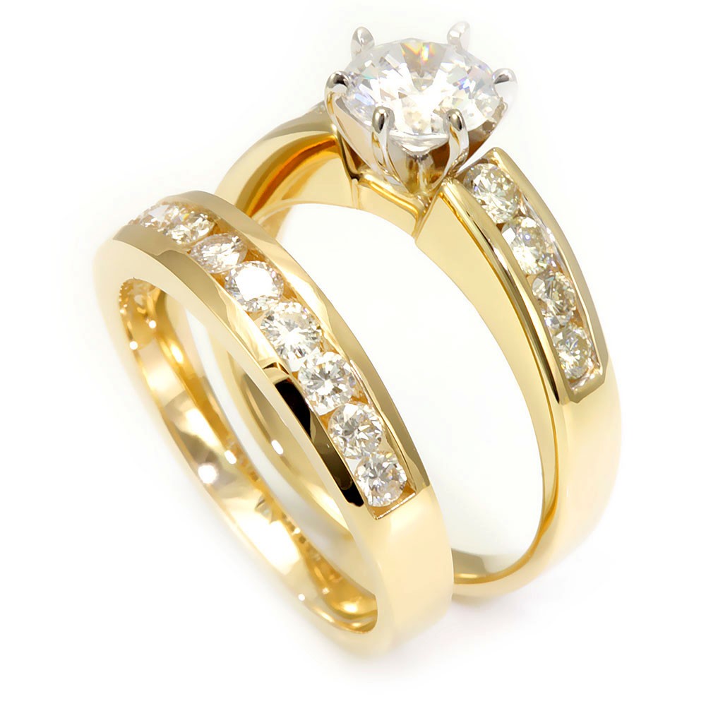 Channel Set Round Diamond Ring and Band in 14K Yellow Gold