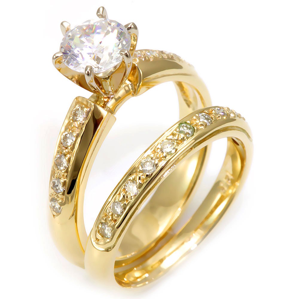 14K Yellow Gold Ring and Band with Pave Set Round Diamonds