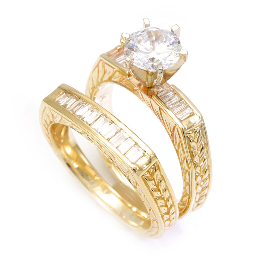 Engraved Design 14K Yellow Gold Ring and Band with Baguette Diamonds