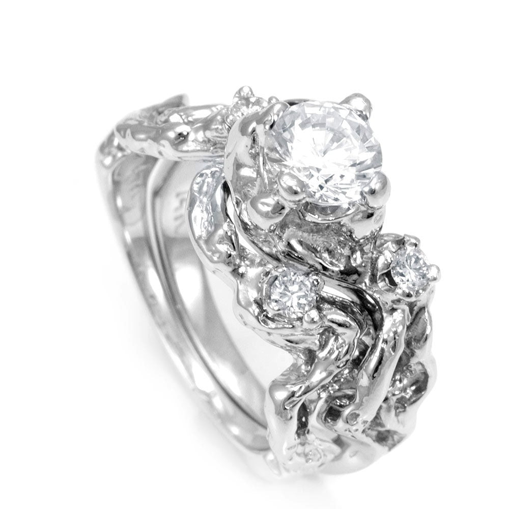 Unique Design Matching Ring and Band with Round Diamonds in 14K White Gold