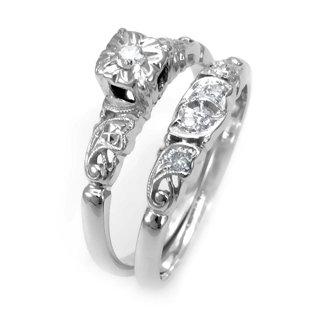 Antique Inspired 14K White Gold Ring and Band with Round Diamonds