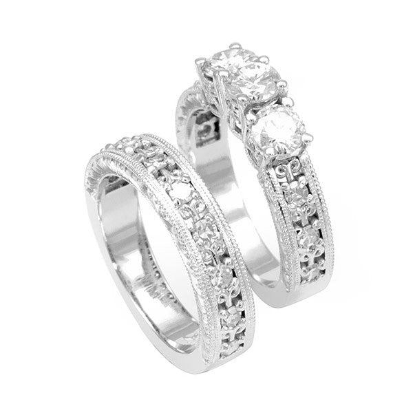 Engraved 14K White Gold Ring and Band with Round Diamonds