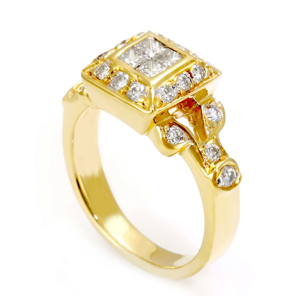 18K Yellow Gold Ladies Ring with Round and Princess Cut Diamonds