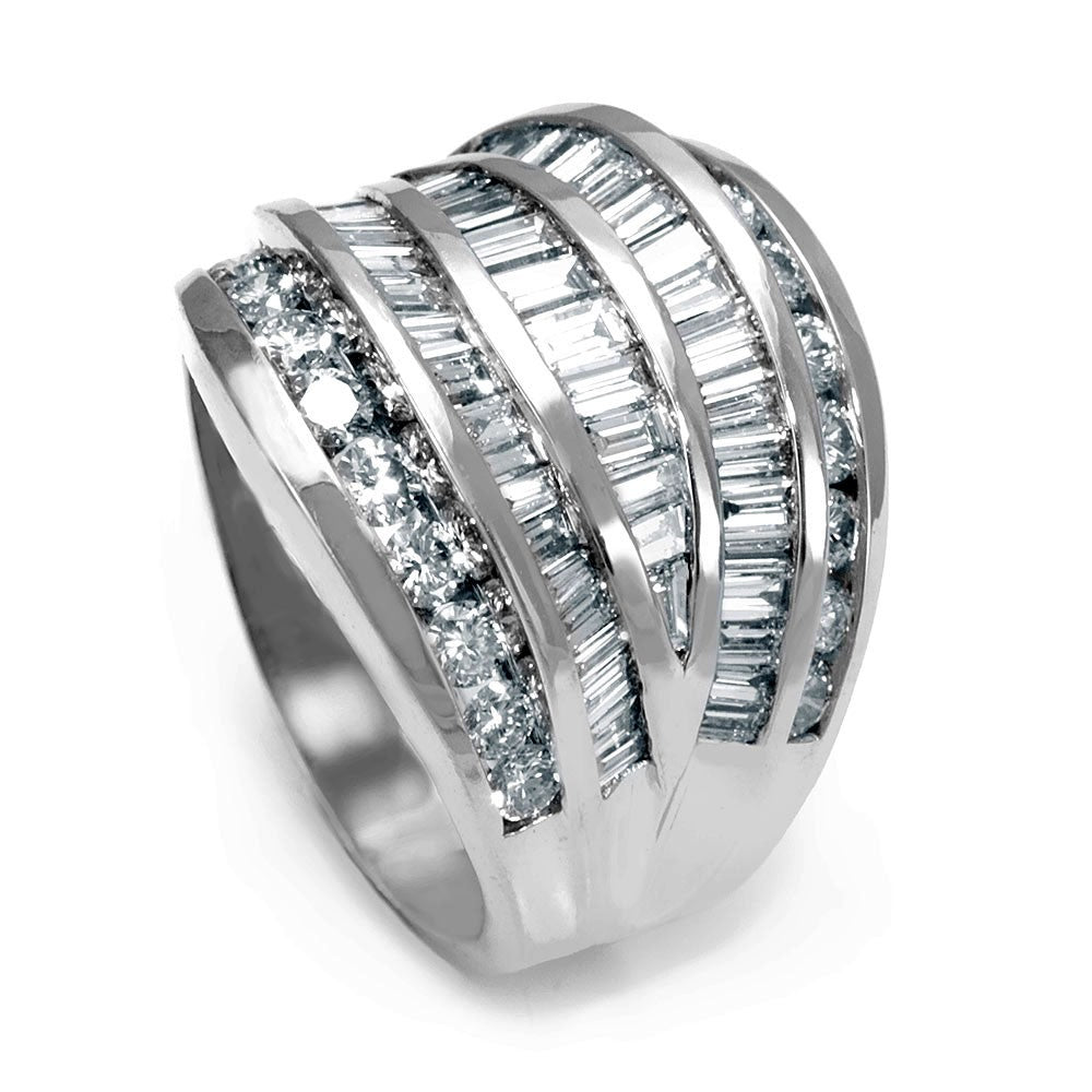 Wide Ladies Ring with Baguette and Round Diamonds in 14K White Gold