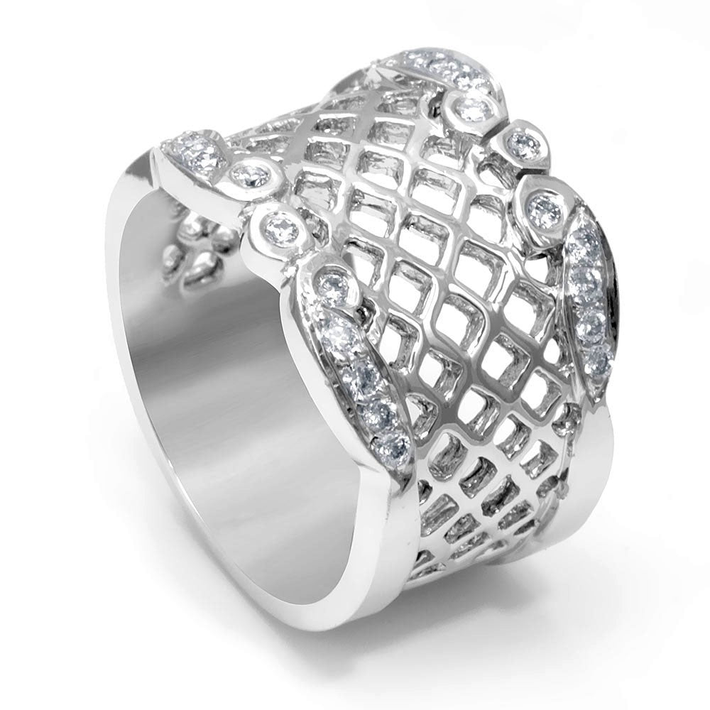 Wide 14K White Gold Ladies Ring with Round Diamonds