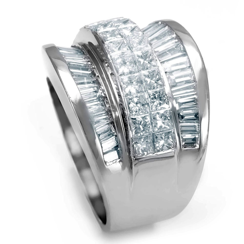 Wide 14K White Gold Ladies Ring with Baguette and Princess Cut Diamonds