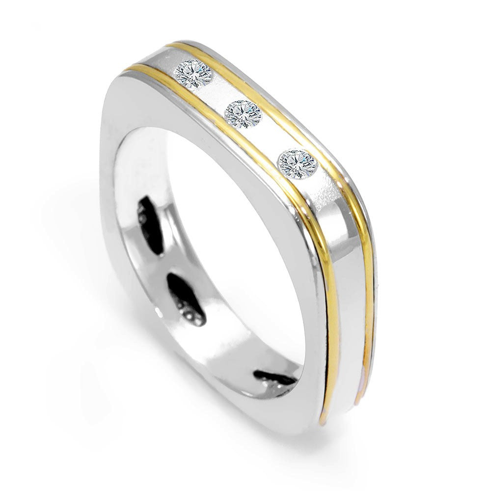 3 Diamond Flat Square Ladies Band in 14K Two Tone