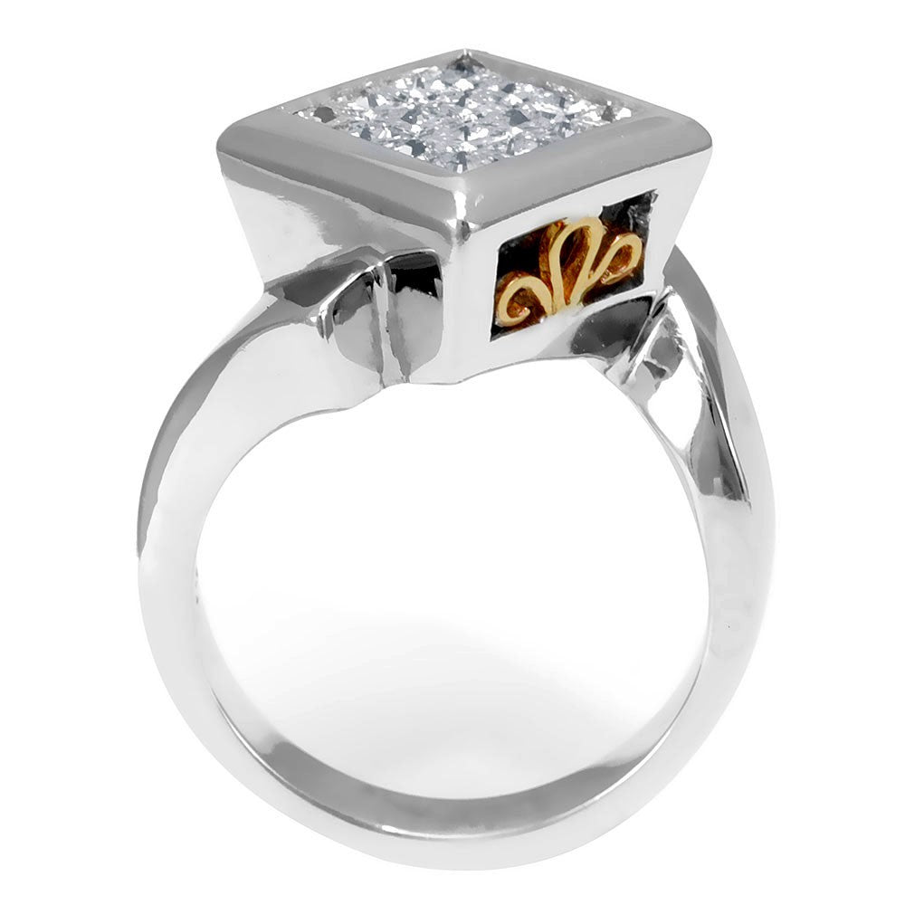 Invisible Set Princess Cut Diamonds Ladies Ring in 14K Two Tone