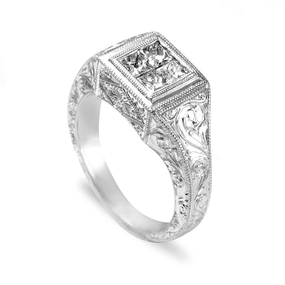 Engraved Ladies Ring with Princess Cut Diamonds in 14K White Gold