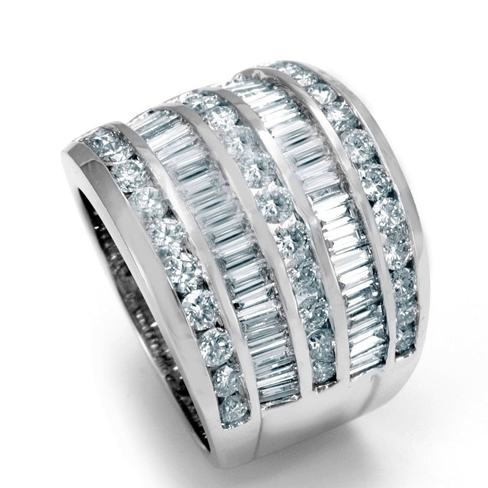Wide 14K White Gold Ladies Ring with Baguette and Round Diamonds