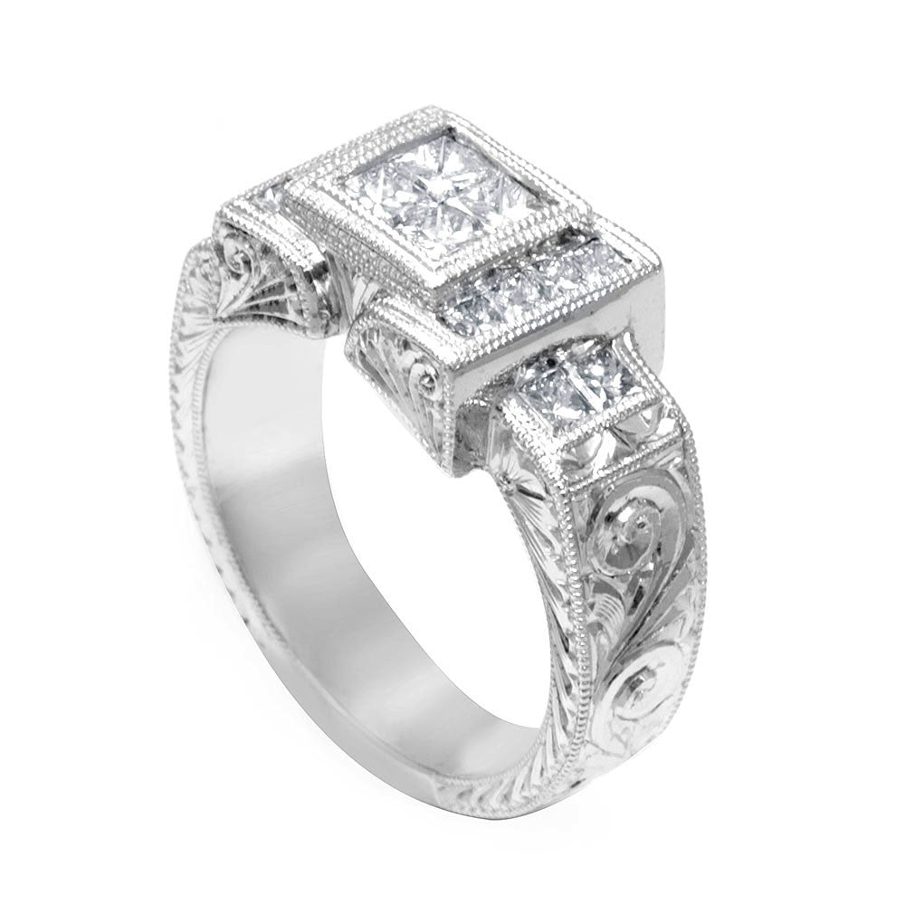 Engraved Ladies Ring with Princess Cut Diamonds in 14K White Gold