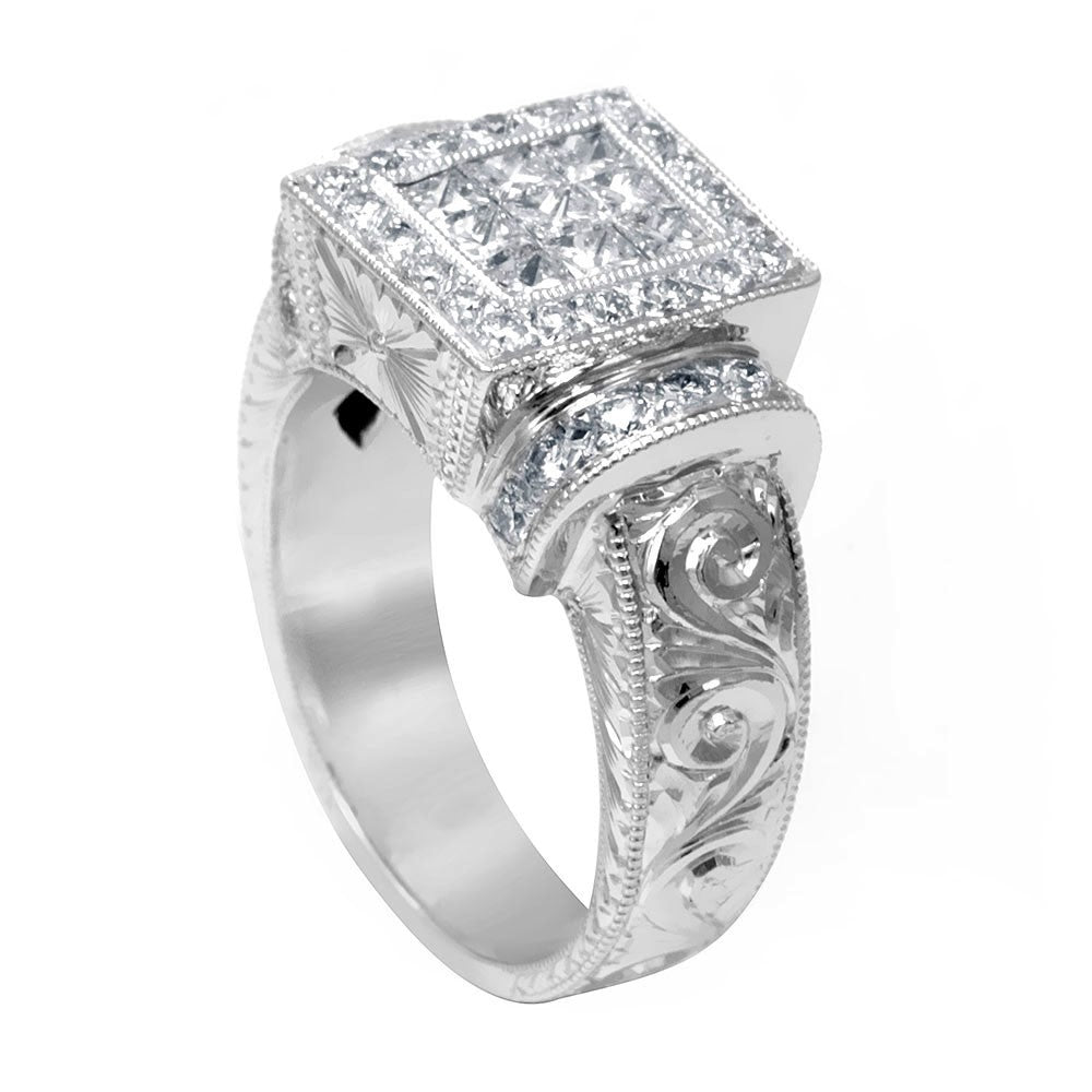 Engraved Ladies Ring with Princess Cut Diamonds in 14K White Gold