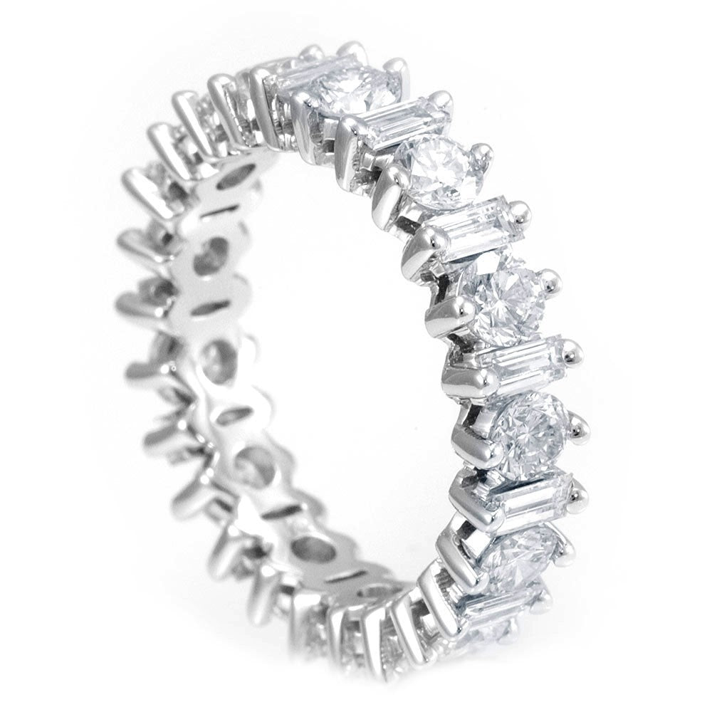 Baguette and Round Diamonds Eternity Ring in 14K White Gold