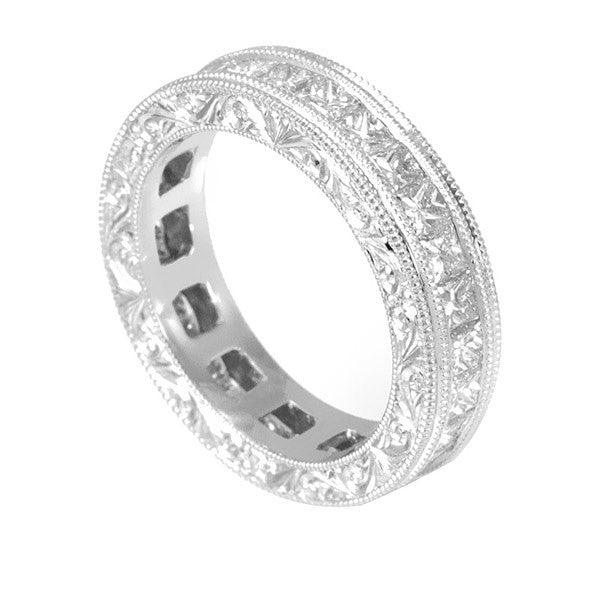 Princess Cut Diamonds Eternity Ring with Engraved Design in 14K White Gold