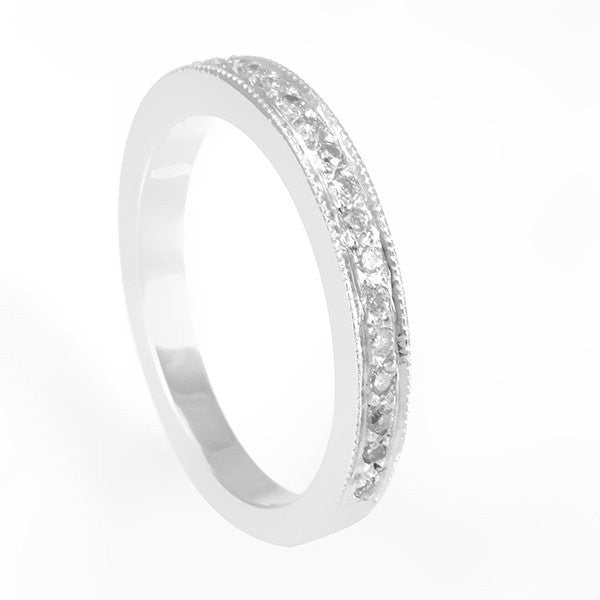 14K White Gold Ladies Band with Pave Set Round Diamonds and Milgrain Design
