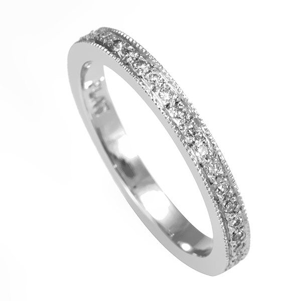 14K White Gold Eternity Band with Pave Set Round Diamonds and Milgrain Design