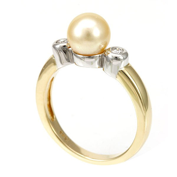 Pearl with Bezel Set Diamond Ladies Ring in 14K Two Tone