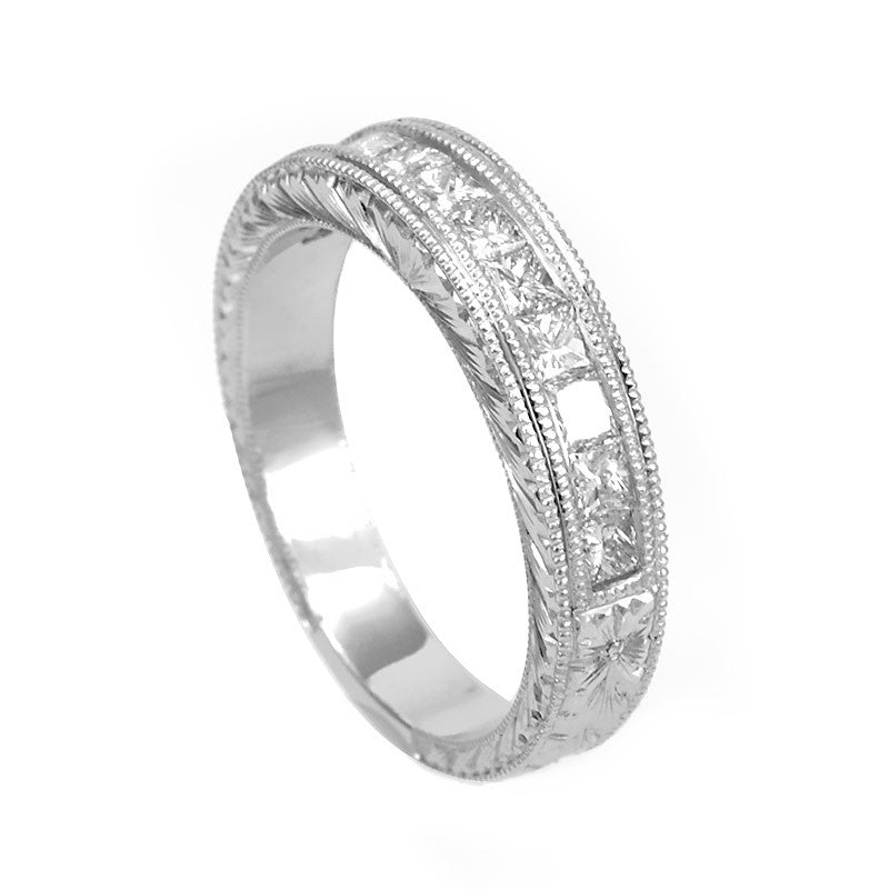 14K White Gold Princess Cut Diamond with Engraved Design Band