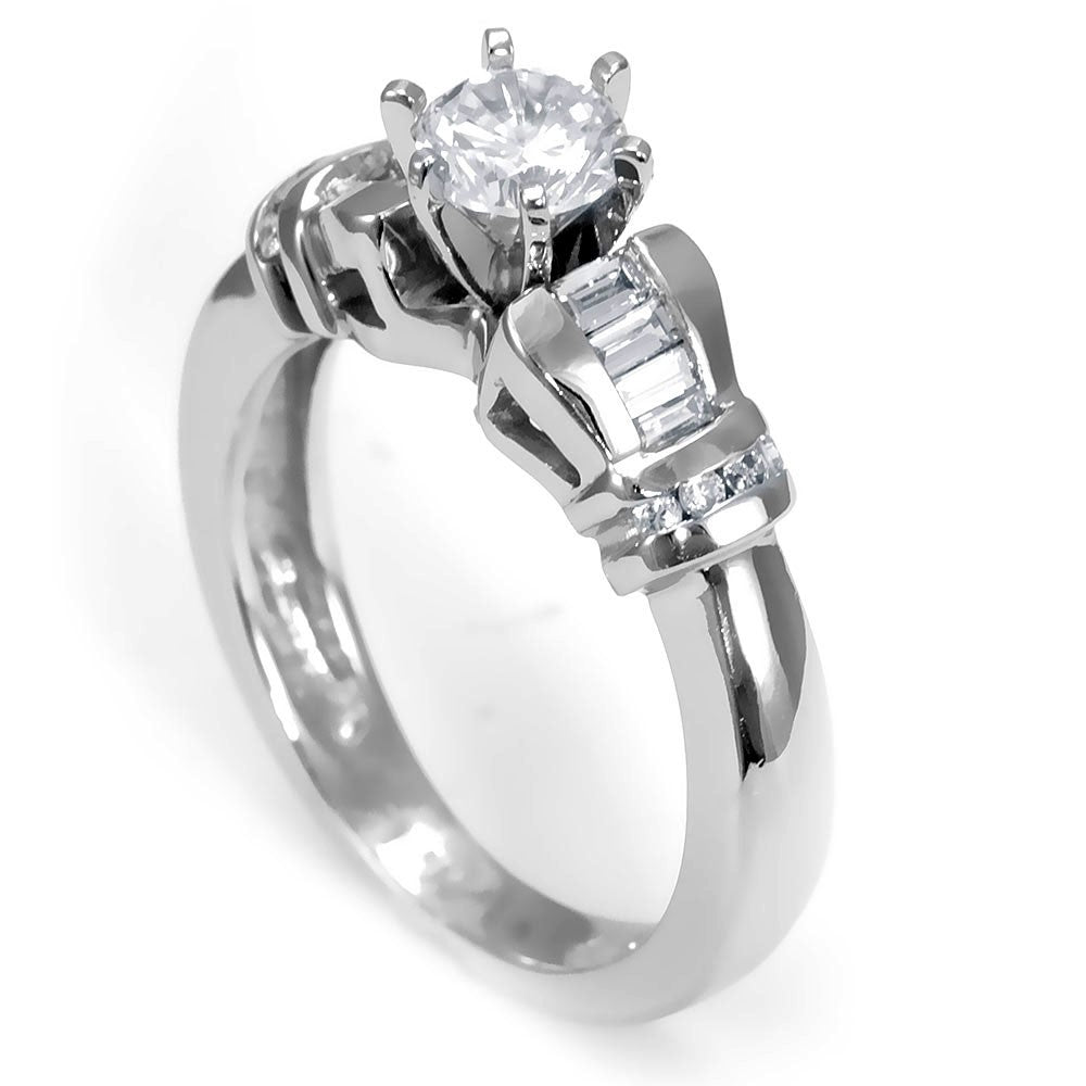 Unique Design Engagement Ring with Baguette and Round Diamonds in 14K White Gold