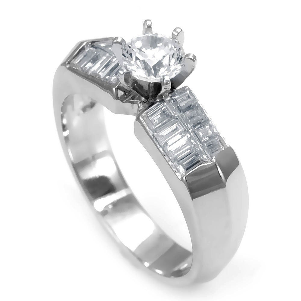 An 18K White Gold Engagement Ring with 2 rows of Baguette Diamonds on the sides