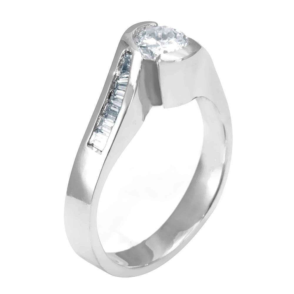 A unique design Engagement Ring with Baguette Diamonds on the side in 14K White Gold