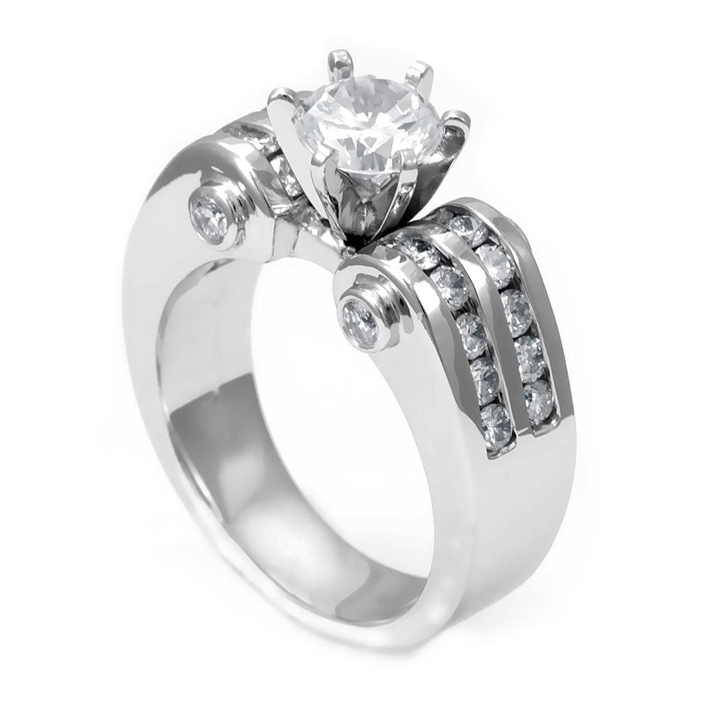 An elegant Engagement Ring with 2 Row Round Diamond Side Stones cast in 18K White Gold