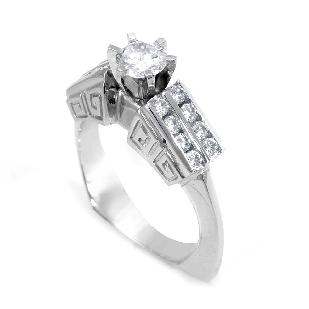 A unique design Engagement Ring with 2 row of Round Diamond Side Stones in 18K White Gold