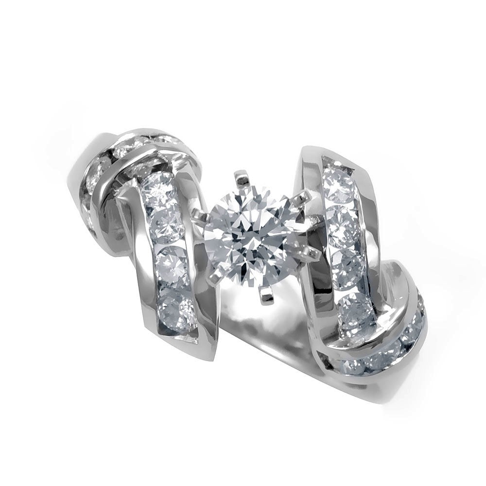A unique design Channel Set Round Diamonds in 14K White Gold Engagement Ring