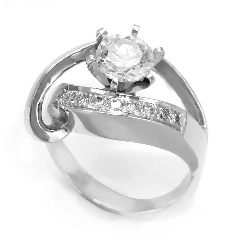 A unique design 14K White Gold Engagement Ring with pave set Round Diamonds