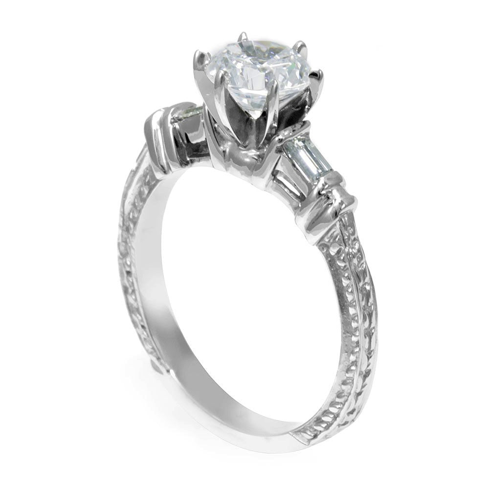 A Dainty Engagement Ring with Baguette Diamonds Side Stones in 14K White Gold