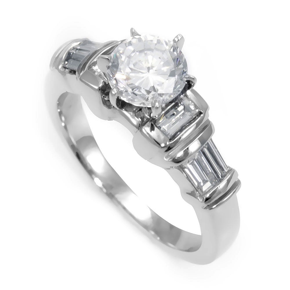 An Engagement Ring with Baguette Diamonds Side Stones in 14K White Gold