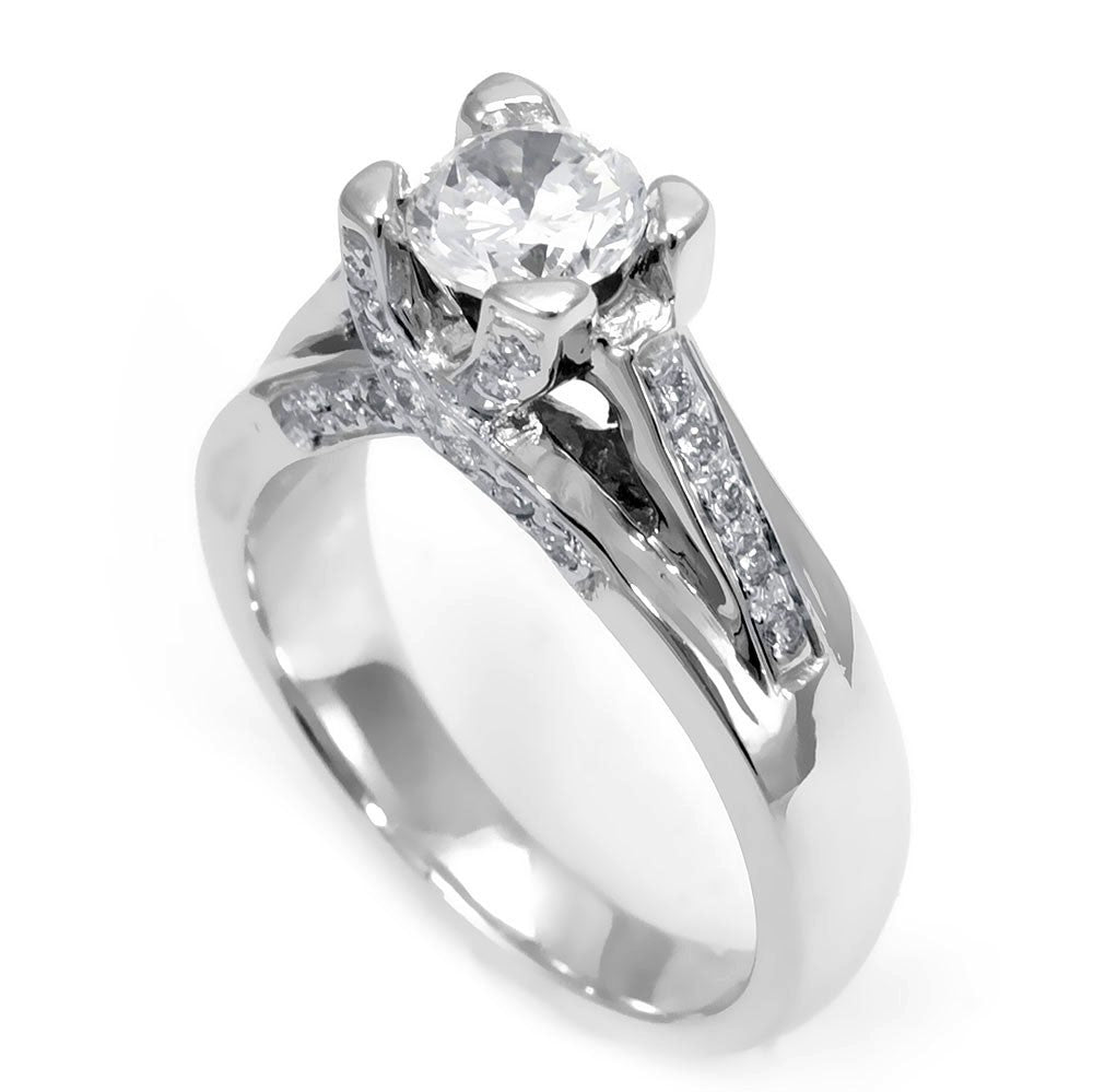 A thick 18K White Gold Engagement Ring with Round Diamond Side Stones