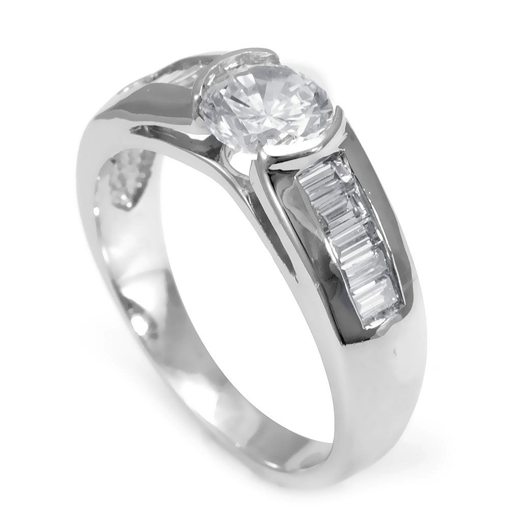 An 18K White Gold Engagement Ring with 2 rows of Baguette Diamonds on the sides