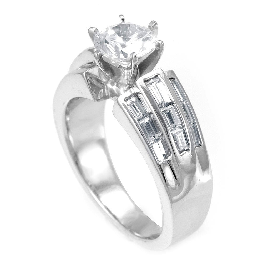 A wide Engagement Ring in 18K White Gold with Baguette Diamond Side Stones