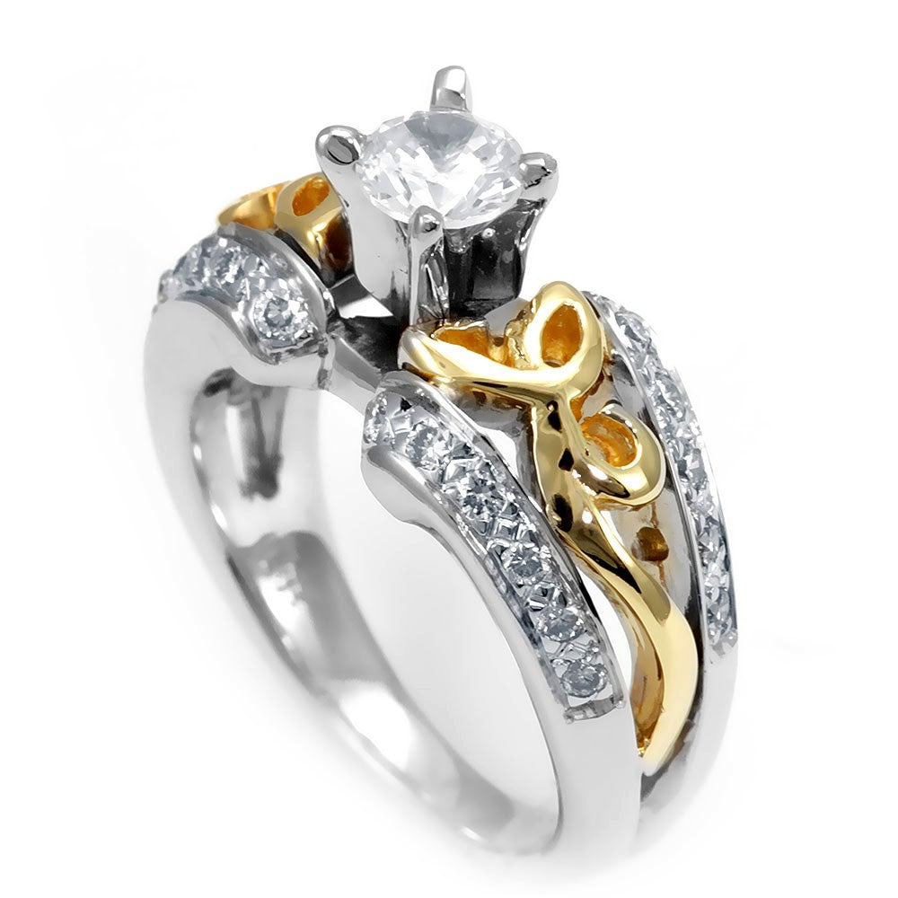 14K Two Tone Engagement Ring with Round Diamonds Pave Set