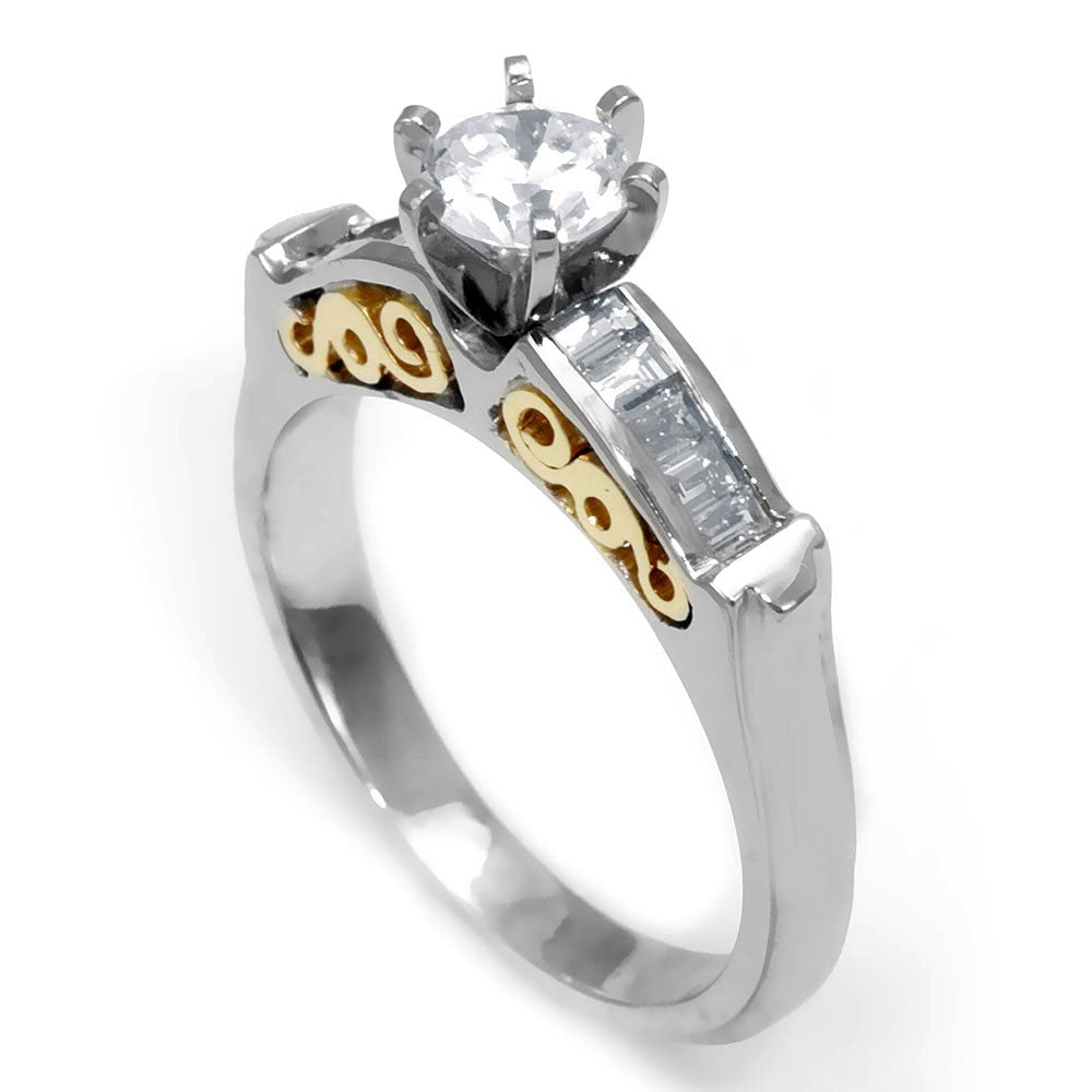 A Dainty Engagement Ring with Baguette Diamonds Side Stones in 14K Two Tone Gold