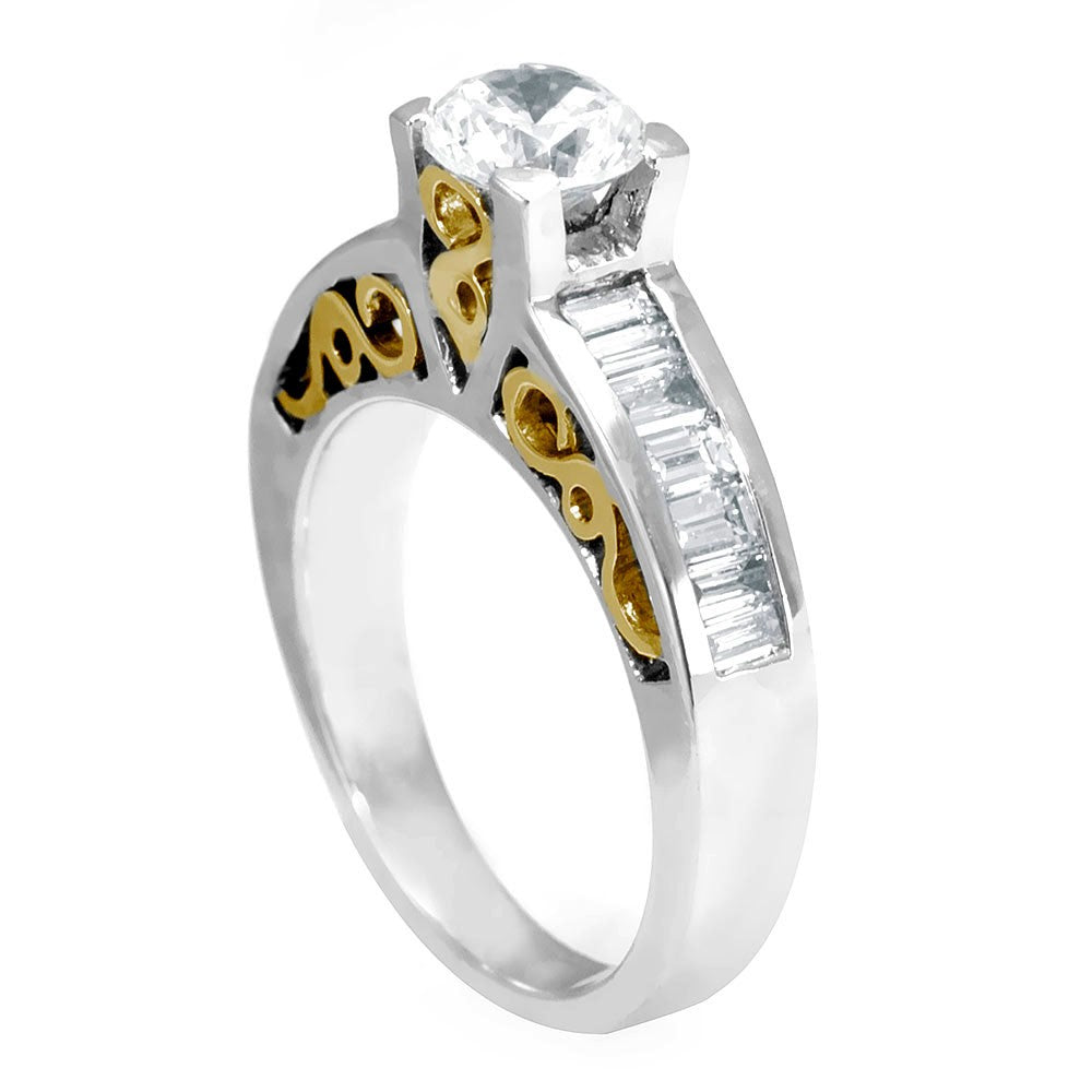 14k Two Tone Engagement Ring with Baguette Diamonds
