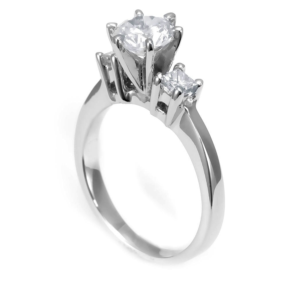 Simple 3 Stone Diamond Engagement Ring in 14K White Gold with CZ Center