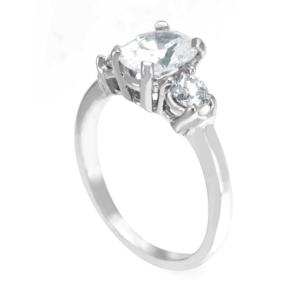 14K White Gold Engagement Ring with Round Diamond Side Stones and Oval Shape CZ Center