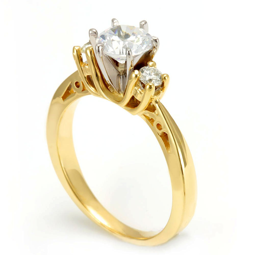14K Yellow Gold Engagement Ring with Round Diamond Side Stones and CZ center stone