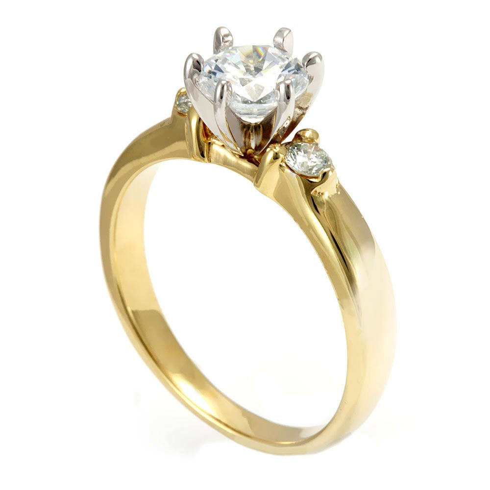 14K Yellow Gold Engagement Ring with Round Diamond Side Stones and CZ center stone
