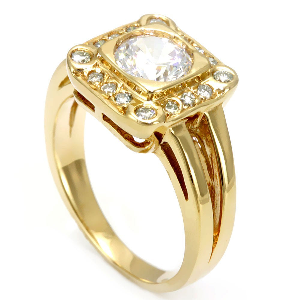 14K Yellow Gold Engagement Ring with Pave Set Round Diamonds