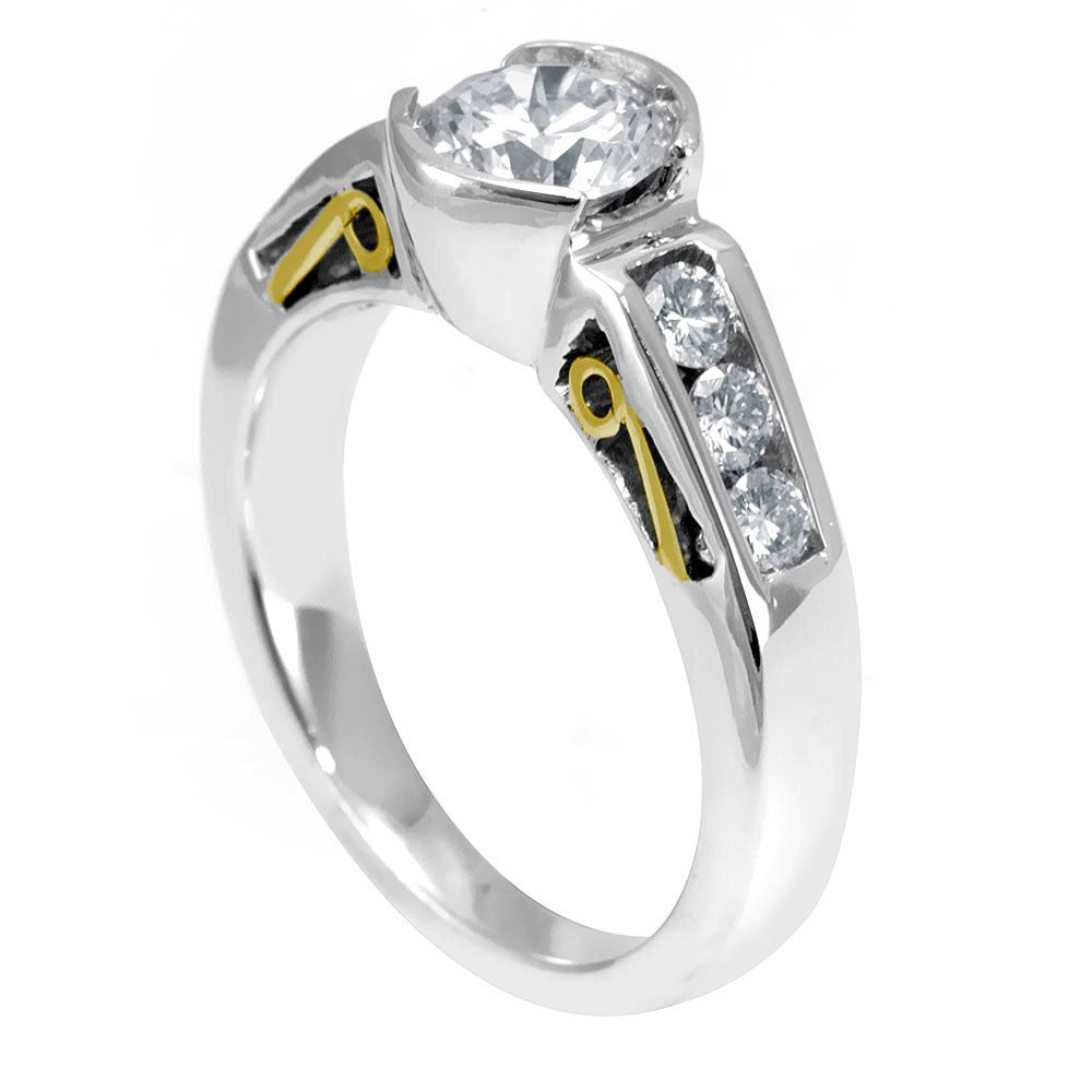 A bezel set center Engagement Ring with channel set Round Diamonds in 14K 2Tone