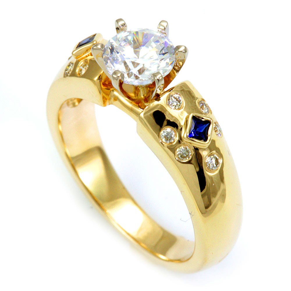 14K Yellow Gold Engagement Ring with Round Diamond and Blue Sapphire Side Stones