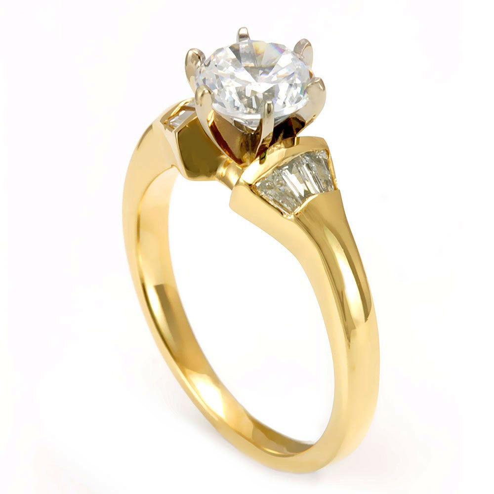 14K Yellow Gold Engagement Ring with Baguette Diamond Side stones