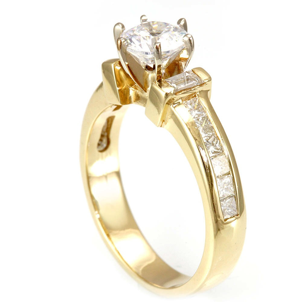 14K Yellow Gold Engagement Ring with Baguette & Princess Cut Diamond Side Stones